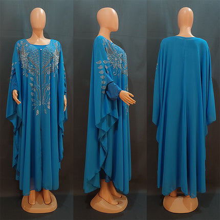Wholesale Muslim African Women's Chiffon Ironing Rhinestone Robe Dress Two Piece Set