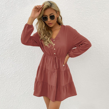 Wholesale Women's Autumn Button Casual Cotton Linen Short Dress