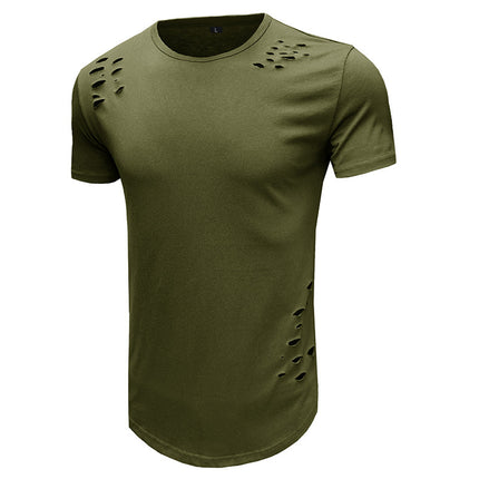 Wholesale Men's Summer Ripped Round Neck Solid Color Short Sleeve T-Shirt