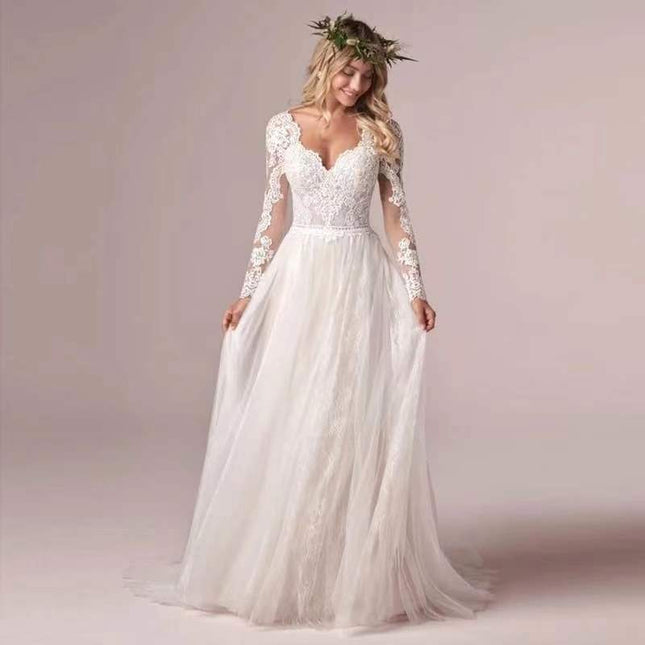 Wholesale Bride Off Shoulder Sleeves A-Line Skirt Tail Slim Wedding Dress