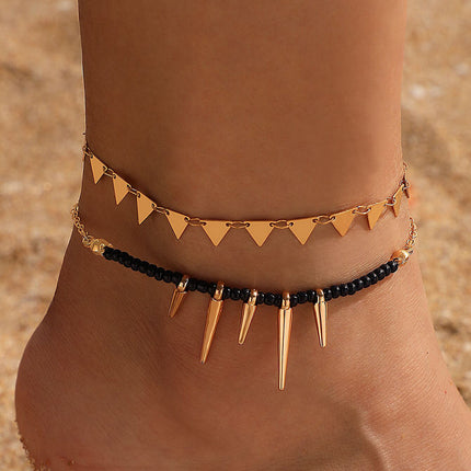 Personalized Bullet Triangle Black Rice Bead Beaded Anklet Set of Two