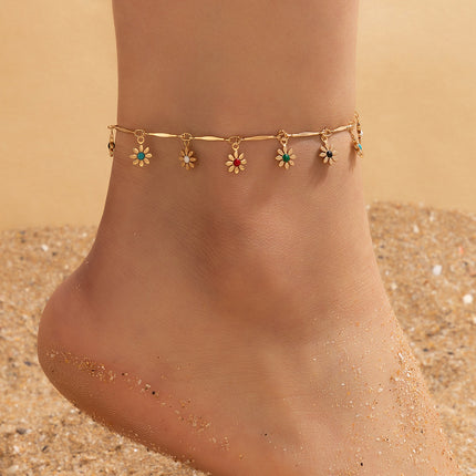 Simple Metal Flower Colorful Rose Pendant Tassel Anklet