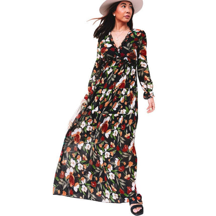 Wholesale Women's V-Neck Ruffle Puff Sleeve Floral Dress