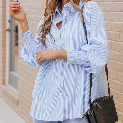 Women's Fall Striped Stand Collar Loose Puff Bubble Shirt