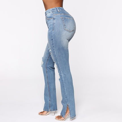 Wholesale Women's Fashion High Waist Slit Ripped Denim Penny Jeans