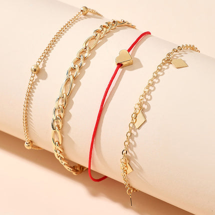 Heart String Rhombus Tassel Four Layer Anklet Set