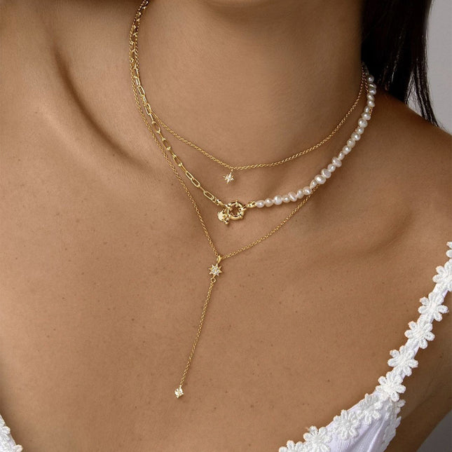 Pearl Stitching Star Pendant Clavicle Chain Rhinestone Necklace