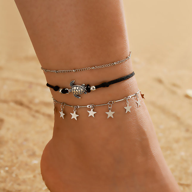 Ethnic Geometric Pentagram Tortoise Anklet Three-piece Set