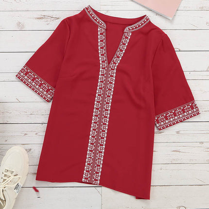 Wholesale Women's Half Sleeve V Neck Embroidered Lace Casual Shirt