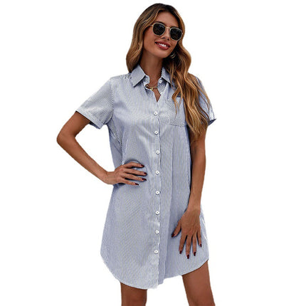 Wholesale Women's Fashion Short Sleeve Lapel Stripe Shirt Dress