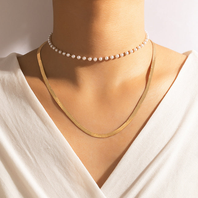 Pearl Beaded Snake Chain Two-Tier Necklace Set