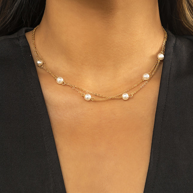 Collar de clavícula de cadena de perlas de imitación de doble capa simple al por mayor