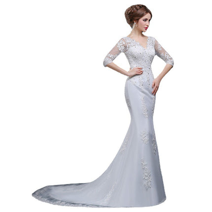 Vestido de novia de encaje de sirena de manga larga de novia de hombro delgado