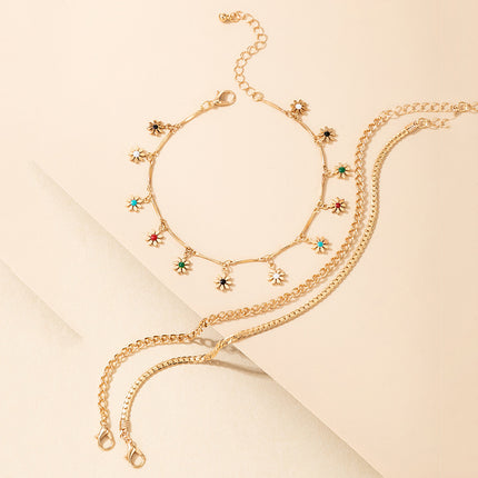 Simple Metal Flower Colorful Rose Pendant Tassel Anklet