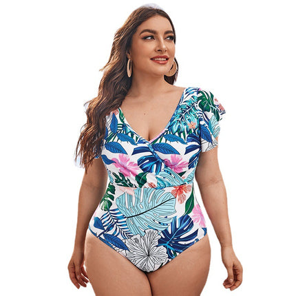 Traje de baño de manga con volantes y estampado de bikini de talla grande para mujer