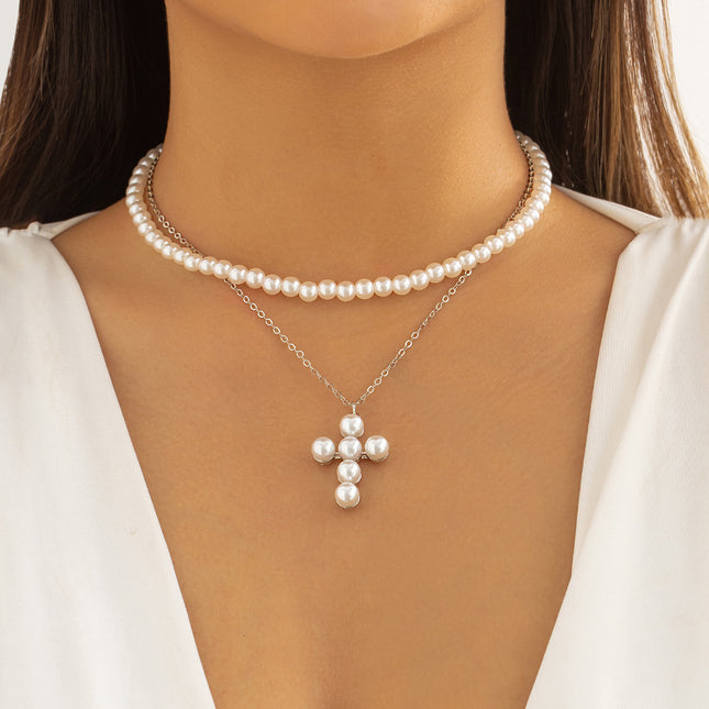 Wholesale Simple Double Layer Imitation Pearl Cross Necklace