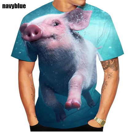 Camiseta informal con cuello redondo y estampado 3D de Animal Pig para hombre