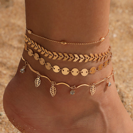 Leaf Diamond Disc Alloy Geometric Multilayer Anklet