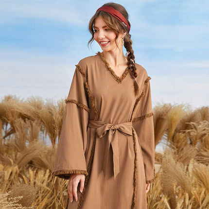 Damen Herbst Winter ungesäumtes Kleid mit V-Ausschnitt und Glockenärmeln