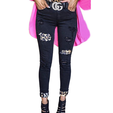 Wholesale Women's Leopard Print Cropped High Waist Ripped Jeans