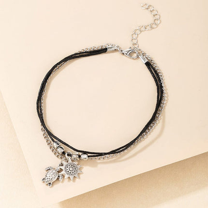 Turtle Sun Animal Square Beaded Black String Chain Anklet