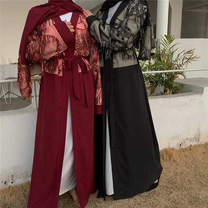 Ladies Sequin Tassel Turkish Muslim Abaya Cardigan Robe