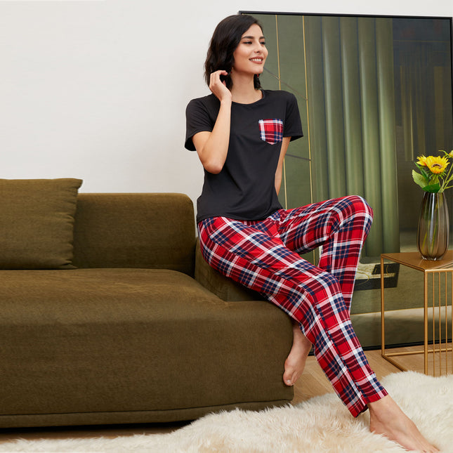 Damen-Pyjama-Set mit kurzen Ärmeln, karierten Hosen, Heimbekleidung