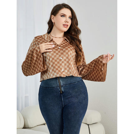 Wholesale Women's Plus Size Check Long Sleeve Shirt Fashion Blouse