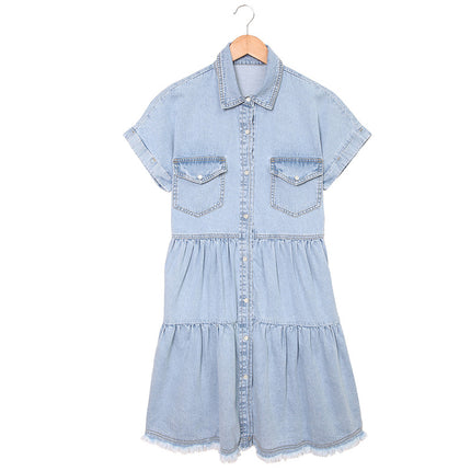 Wholesale Women's Lapel Casual Loose Breasted Short Sleeve Denim Dress