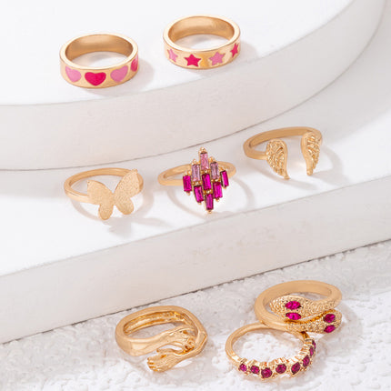 Pink Drip Heart Star Butterfly Wings Eight-Piece Ring Set