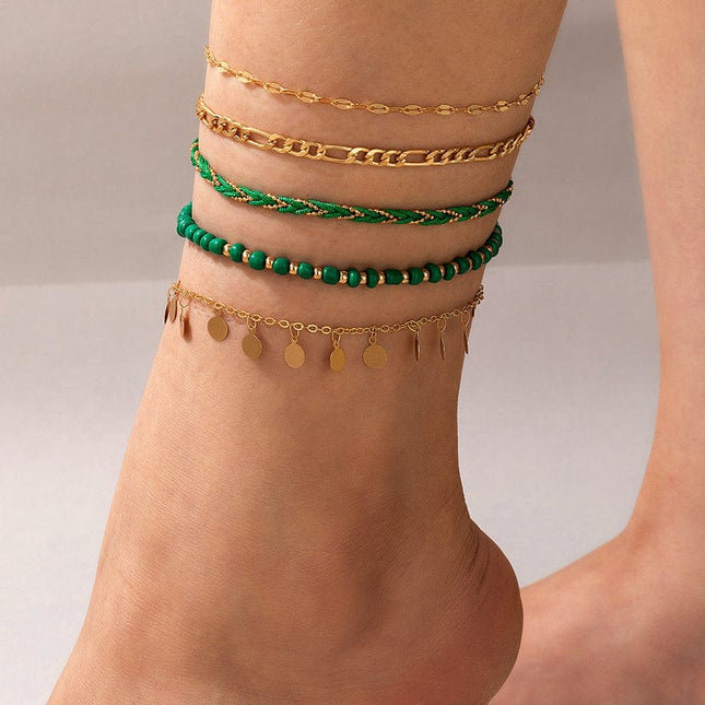 Cord Woven Rice Beads Beaded Tassel Circle Five-Tier Anklet Set