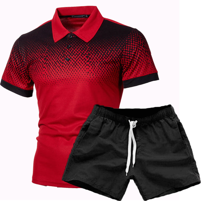 Wholesale Men's Spring Fall Gradient 3D Printed Lapel Polo Shirt Shorts Two Piece Set