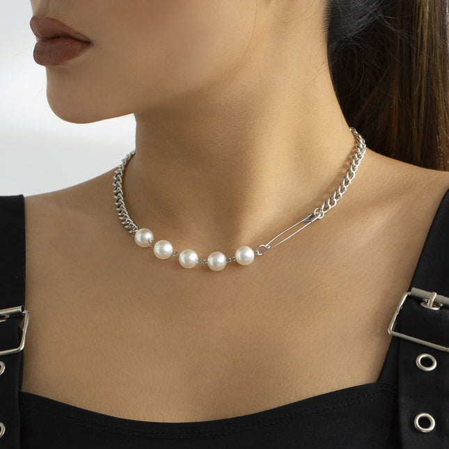 Großhandelsbüroklammer-Halsketten-Imitations-Perlen-Metallchoker