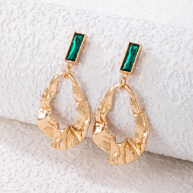 Imitation Emerald Inlaid Rhinestone Irregular Geometric Hollow Earrings