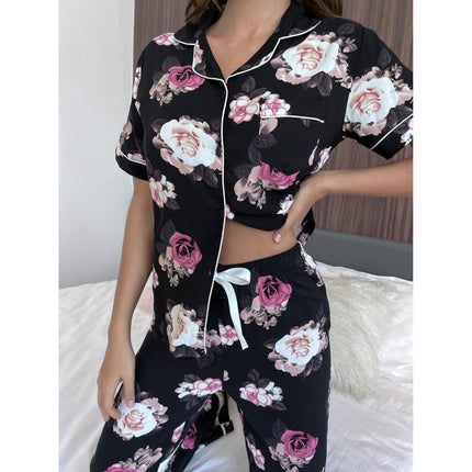 Ladies Short Sleeve Trousers Loungewear Floral Pajama