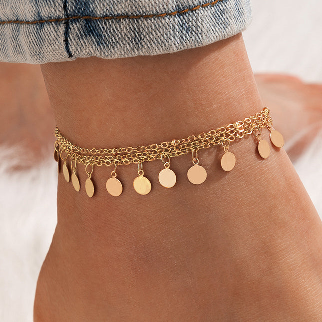 Set of 3 Layered Sequin Metallic Disc Tassel Anklets