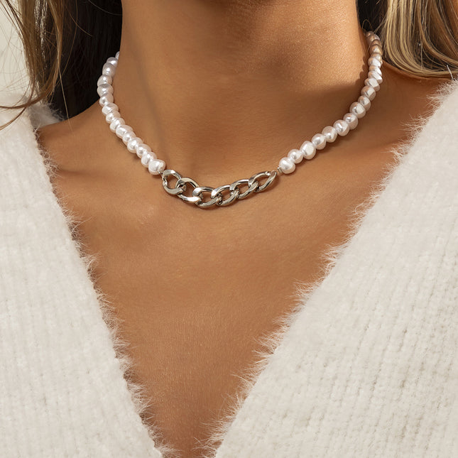 Pearl Chain Rhinestone Bow Knot Clavicle Necklace