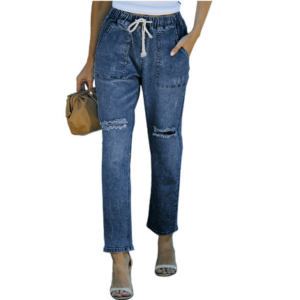 Jeans rasgados de pierna recta con bolsillos rectos en la cintura elástica