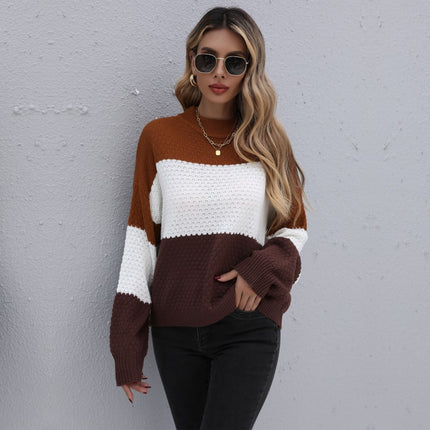 Wholesale Women's Fall Winter Color Block Round Neck Pullover Sweater