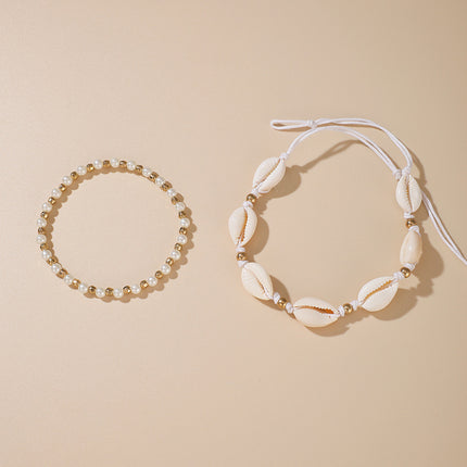 Shell and Pearl Beaded Two-Tier Anklet Set