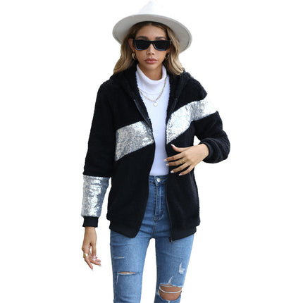 Wholesale Women's Hooded Long Sleeve Sequin Zip Fleece Jacket