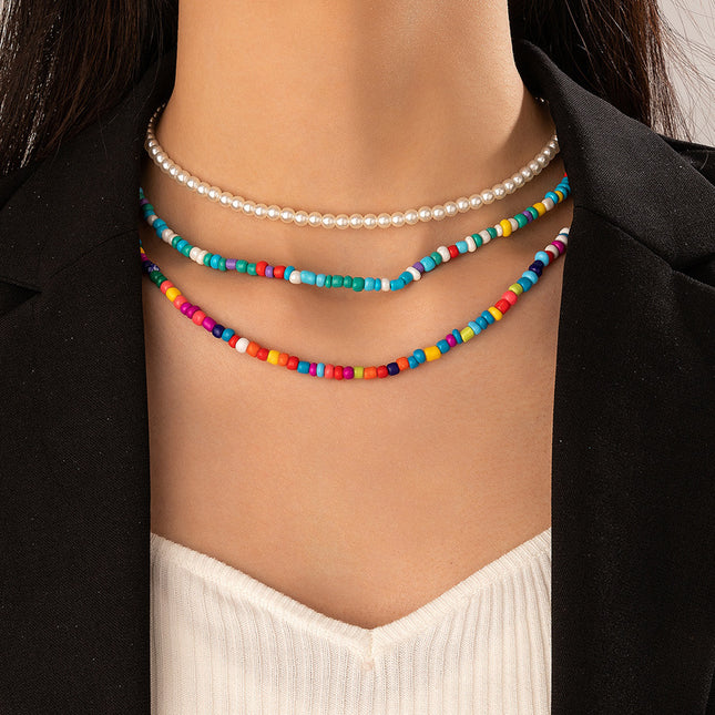 Colorful Beads Ethnic Style Pearl Three-tier Necklace