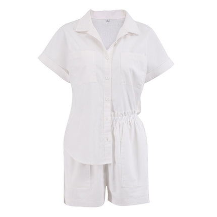 Wholesale Women's Cotton Casual Short Sleeve Shirt Shorts Two Piece Set