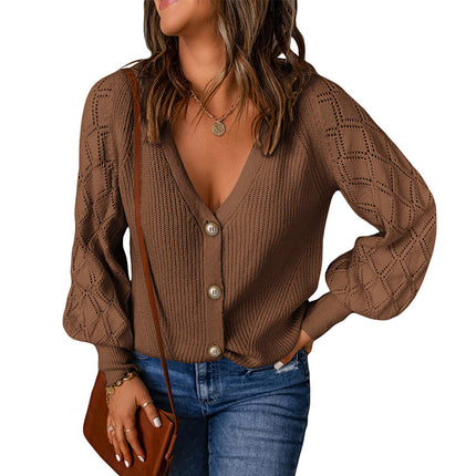 Damen Casual Solid Color Puff Sleeve Cardigan Sweater