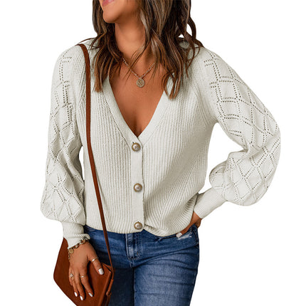 Damen Casual Solid Color Puff Sleeve Cardigan Sweater