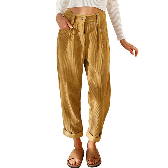 Pantalones rectos casuales de pana de cintura alta de otoño para mujer